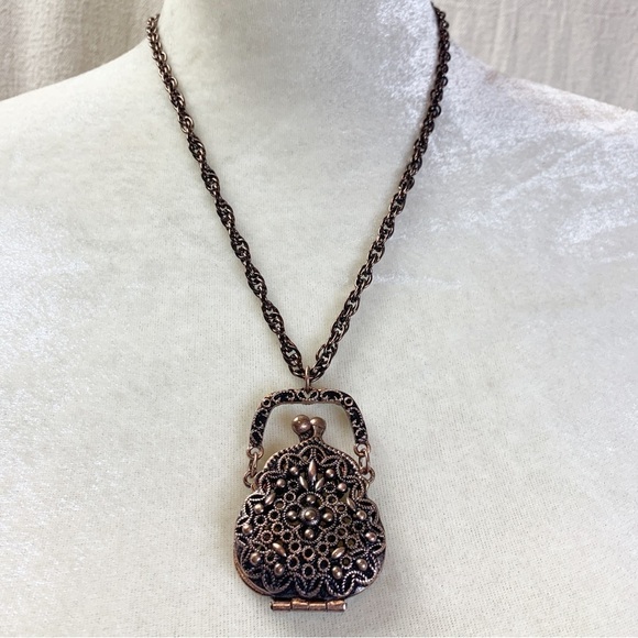 Filigree Purse Pendant necklace darkened copper finish, opens, handle moves - Picture 1 of 7